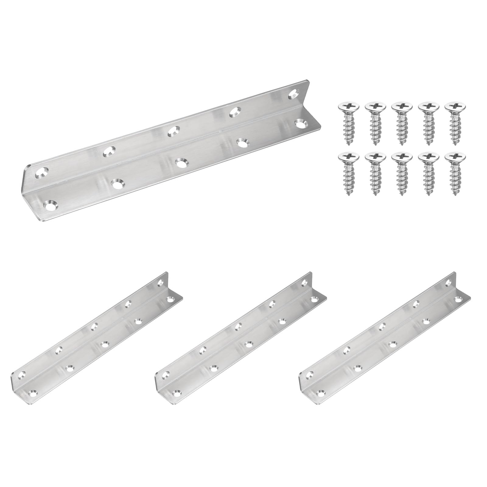 sourcing map 4Pcs Angle Brackets for Wood, Stainless Steel Corner Brackets with Screws, L-Shape Corner Brace for Fixing Repairing Jointing Furniture Shelves Cabinets (225x25x25mm, Silver)
