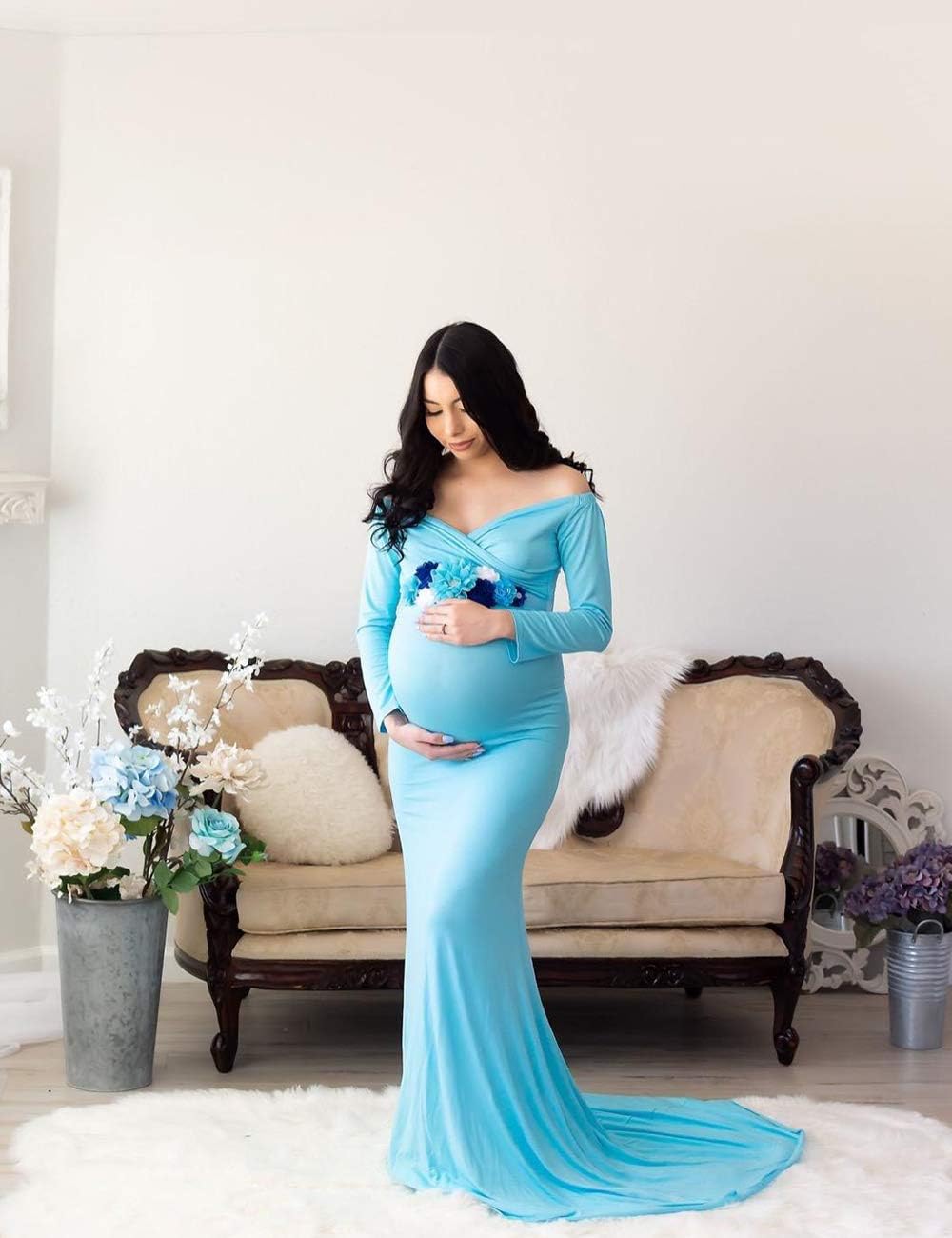JustVH Maternity Elegant Fitted Maternity Gown Long Sleeve Cross-Front V Neck Slim Fit Maxi Photography Dress for Photoshoot