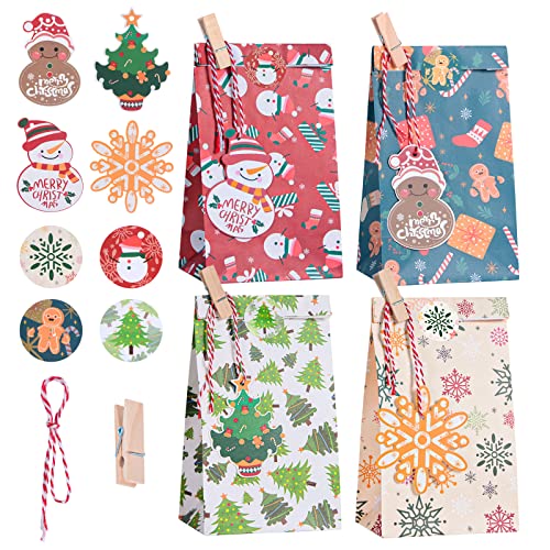 Gintan Papiertüten Kleine Geschenktüten Weihnachten 24 Pcs-4 Stile 6 Stücks, Kommt mit 24 kleinen Weihnachtskarten und 24 kleinen Clips weihnachtsgeschenktüte for Christmas Advent Calendar