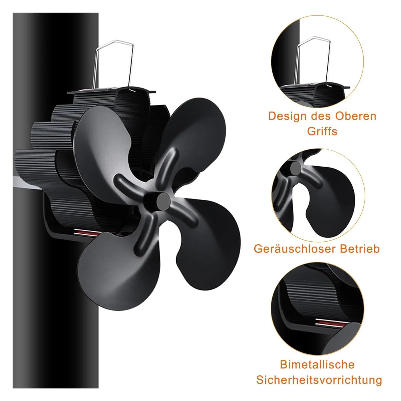 Ventilador Chimenea Ventilador de Estufa de leña magnético de 4 aspas, Ventilador de Estufa Alimentado por Calor de leña, Ventilador de Estufa con Tubo de Humos
