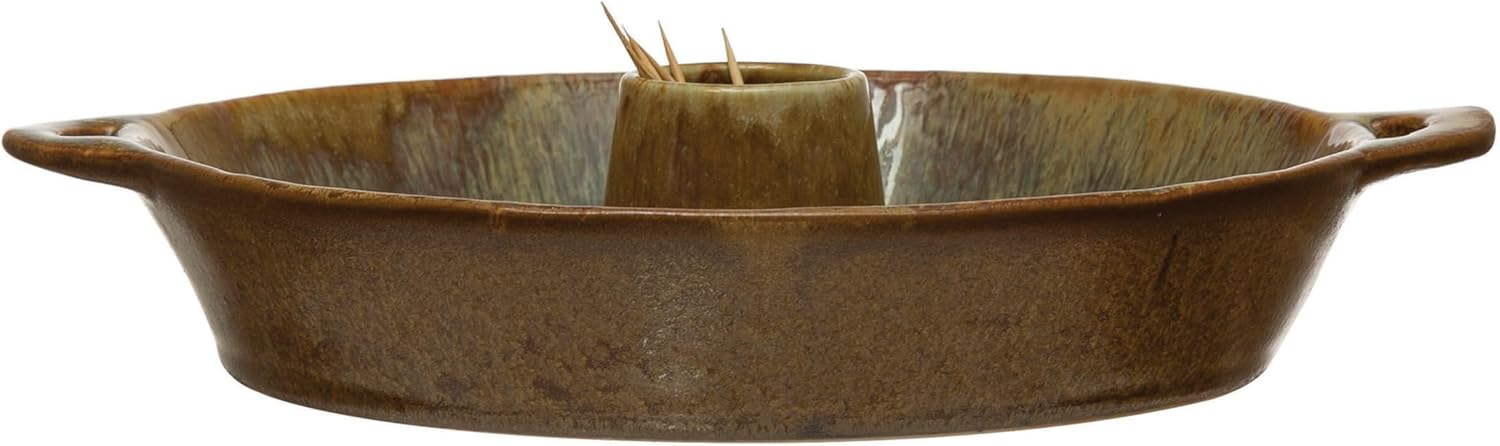Creative Co-Op Stoneware Dish with Toothpick Holder, Reactive Glaze, Brown (Each One Will Vary)