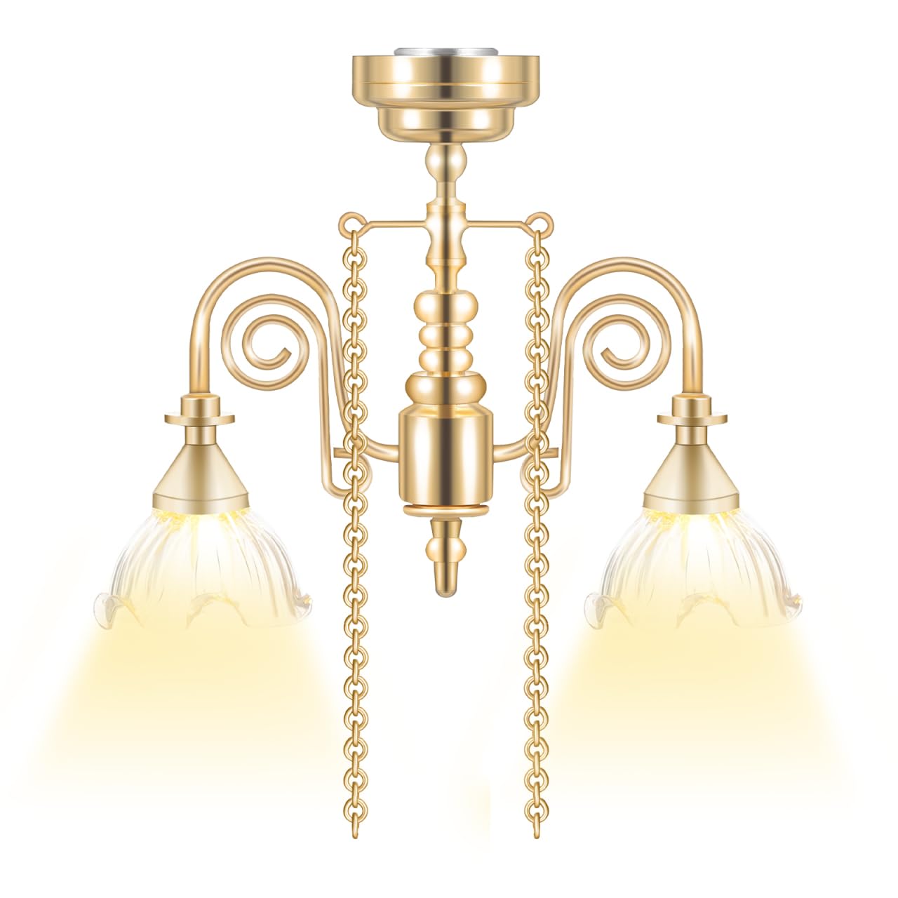 NOLITOY 1:12 Scale Miniature Dollhouse Chandelier, Gold Metal Double-Headed Floral Ceiling Light, Vintage Mini Pendant Lamp for Doll House Victorian Room Box Lighting Decor Accessories, 1pc
