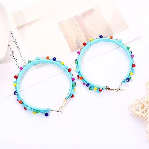 Miniatura 2 de Pendientes de rafia coloridos aretes de aro de rafia con cuentas de cristal hechos a mano, aretes bohemios de verano, accesorios de playa tropical,