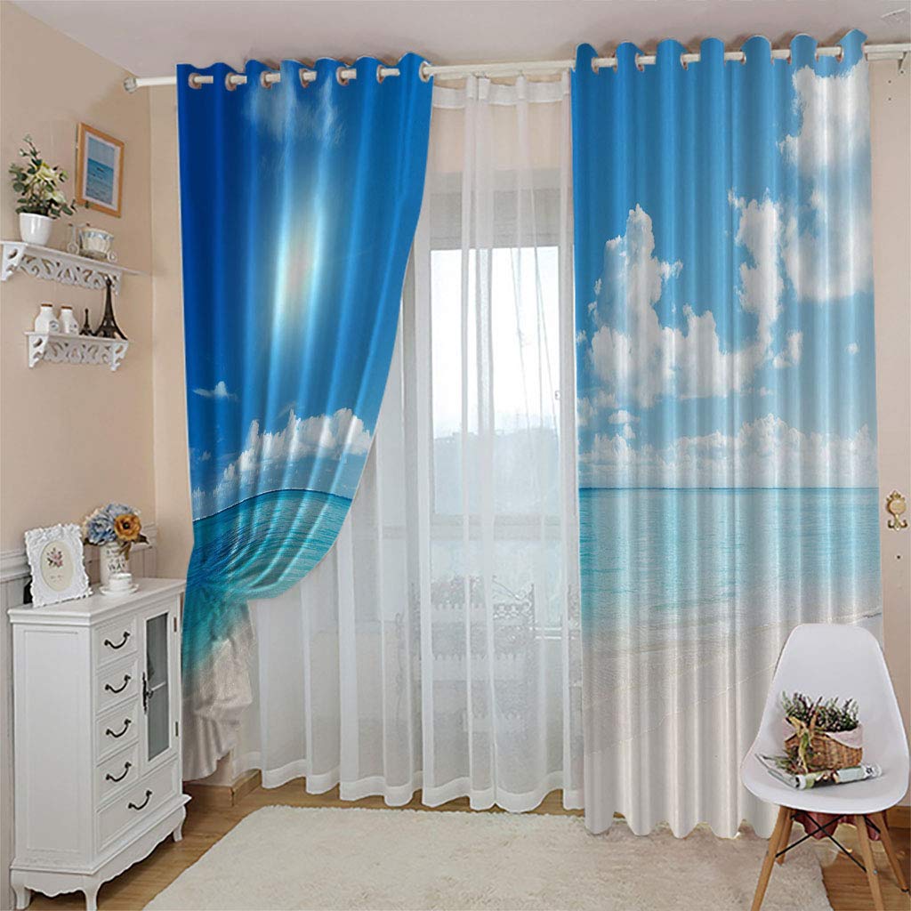 Rideaux Et Draperies Intérieurs 3D Ciel Bleu Nuage Blanc Vue Mer Motif Rideau Occultant À Oeillets Decoration Salon Chambre Maison pour Enfant Adulte 2 Pièces 280x160Cm Design Moderne Imprimé
