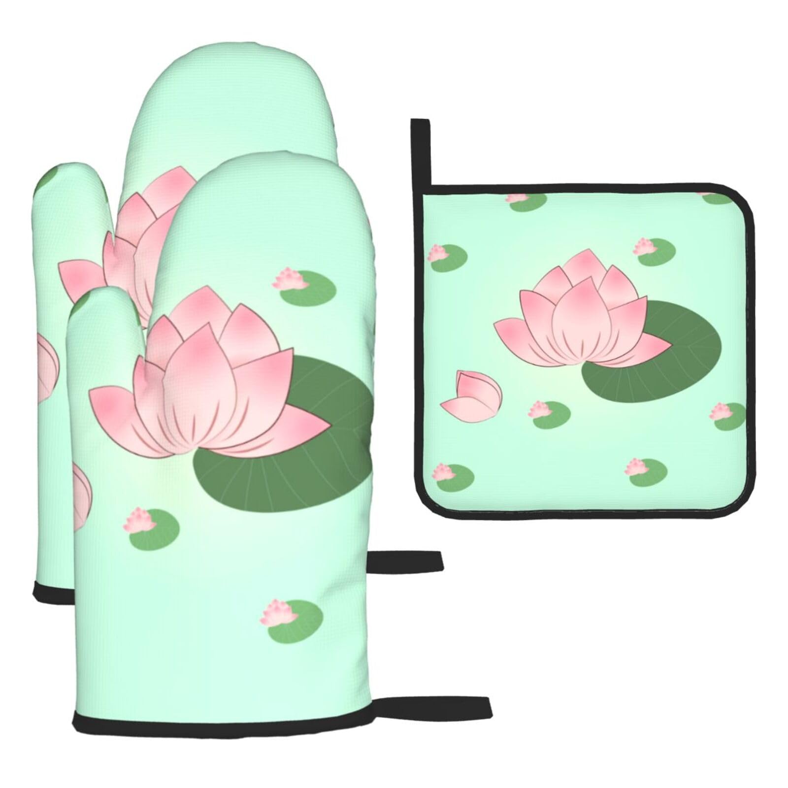 Lotus flowers waiting to bloom Oven mittens and oven mitts three-piece set suitable for oven, grilling, baking, microwave and home cooking.