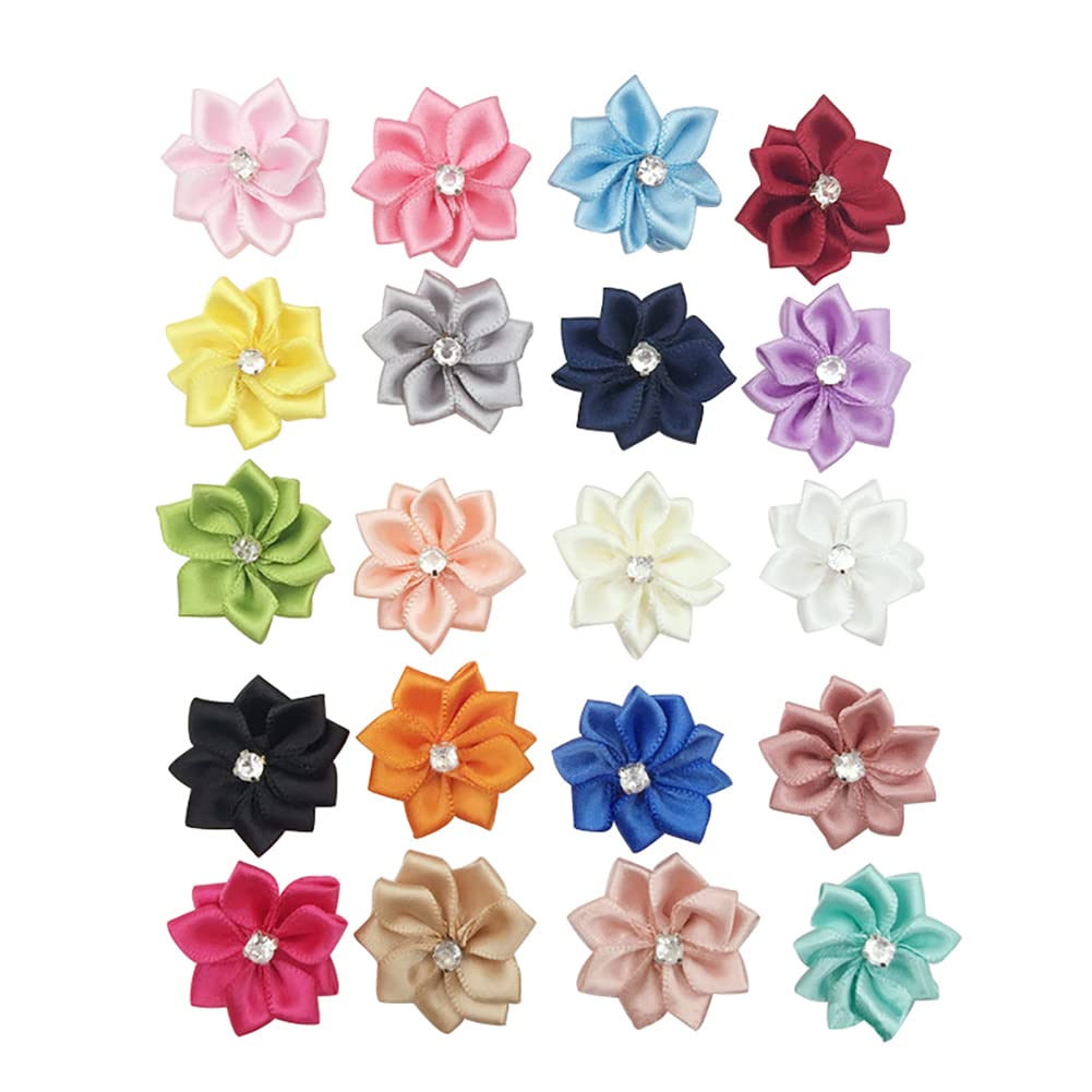HugeDE 50 Pcs Mini Satin Ribbon Flowers Rhinestone Bows Multicolor Fabric Flowers Sewing Crafts Appliques for Gift Wrapping Decoration