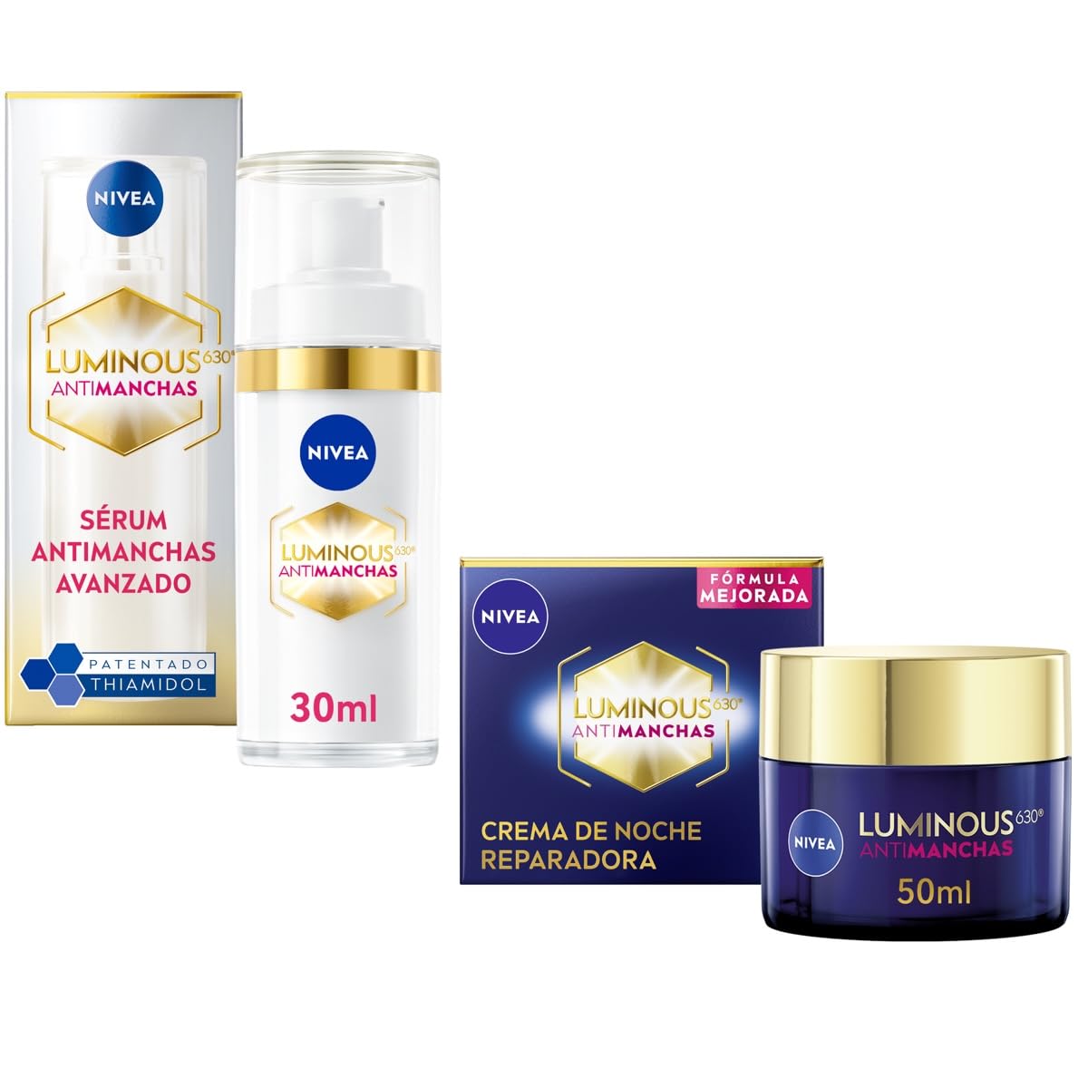 NIVEA Cellular LUMINOUS 630 Antimanchas: Sérum facial con acido hialuronico, tratamiento avanzado (30 ml) + Crema de Noche Reparadora (50 ml)