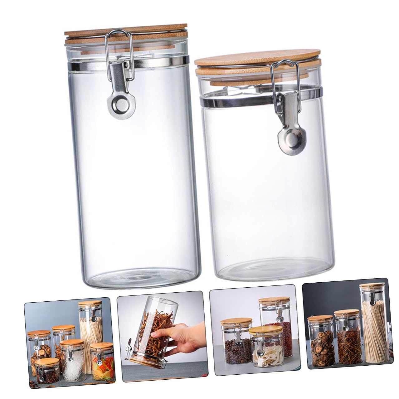 Alipis 2 Tarros en Cocina Capacidad 1140ml y 1280ml Herméticos de Vidrio Cierre de Acero Inoxidable y Tapa de Madera Diseño Transparente y Prevención para Almacenamiento de Alimentos