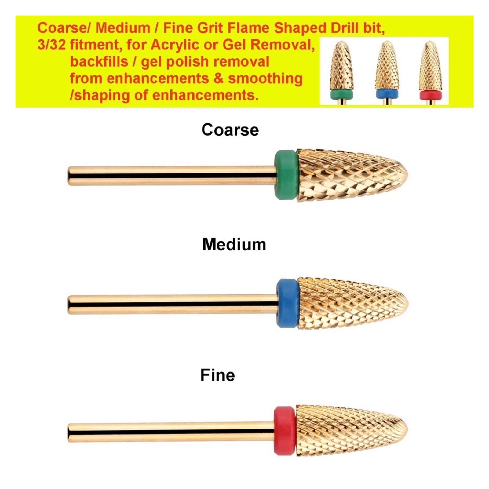 3 stücke Carbide Nail Drill Bits Acrylic Gel Flame Coarse Medium Fine Size 3/32'' for Electric Nail File Manicure Tool wanglan