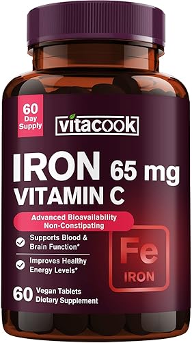 VitaCook Suplemento de hierro para mujeres y hombres, hierro de alta potencia con vitamina C, sangre  Energía  Apoyo muscular e inmunológico, 60