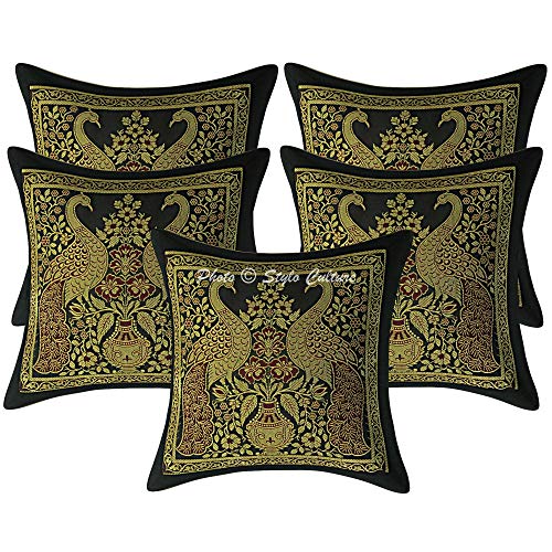 Stylo Culture Boho Forros De Cojines Decorativa 30x30 cm Brocado De Seda Pavo Real Fundas Almohadones Cama Negro 12x12 Inch Jacquard Cuadrado Cremallera Fundas De Cojines De Sofa - 5 Pcs
