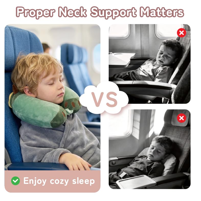 Image of Kids Travel Neck Pillow for Ages 3-8 with Memory Foam, Dinosaur | Removable cover, 13 in neck size, machine washable, hidden zipper, head and chin support, car seat and airplane use