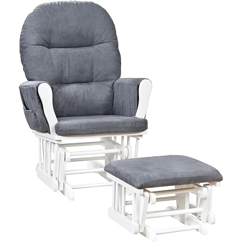 Naomi Home Brisbane Glider and Ottoman Set with Smooth Rocking & Gliding Motion, Ergonomic High-Back Support, Cushioned Armrests, Solid Wood Base, Storage Pockets, White/Dark Gray Nursery Chair
