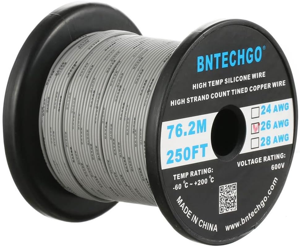 BNTECHGO 26 Gauge Silicone Wire Spool Gray 250 ft Ultra Flexible High Temp 200 deg C 600V 26 AWG Silicone Rubber Wire 30 Strands of Tinned Copper Wire Stranded Wire for Model Low Impedance