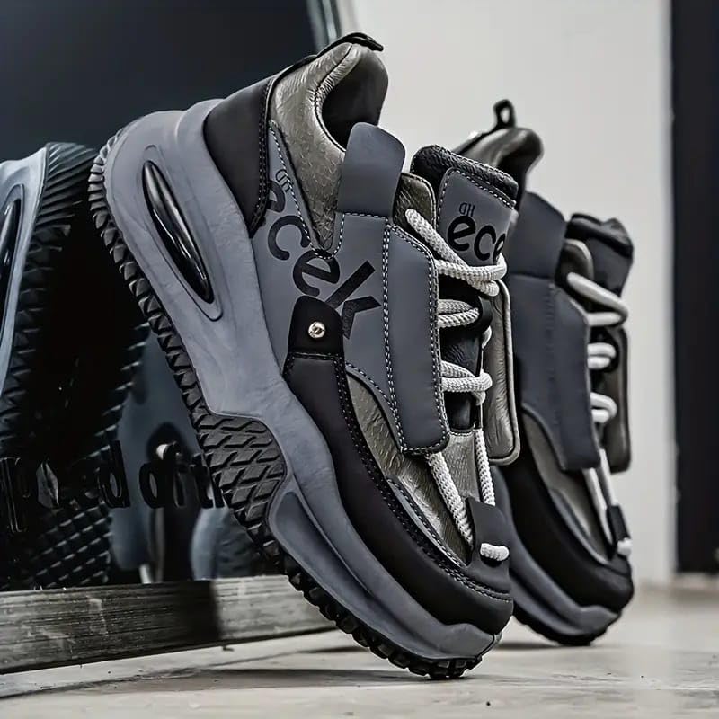Image of Men's Athletic Running Shoes, Synthetic Leather and Mesh, Black and Grey, Air Cushioned, Lace-up