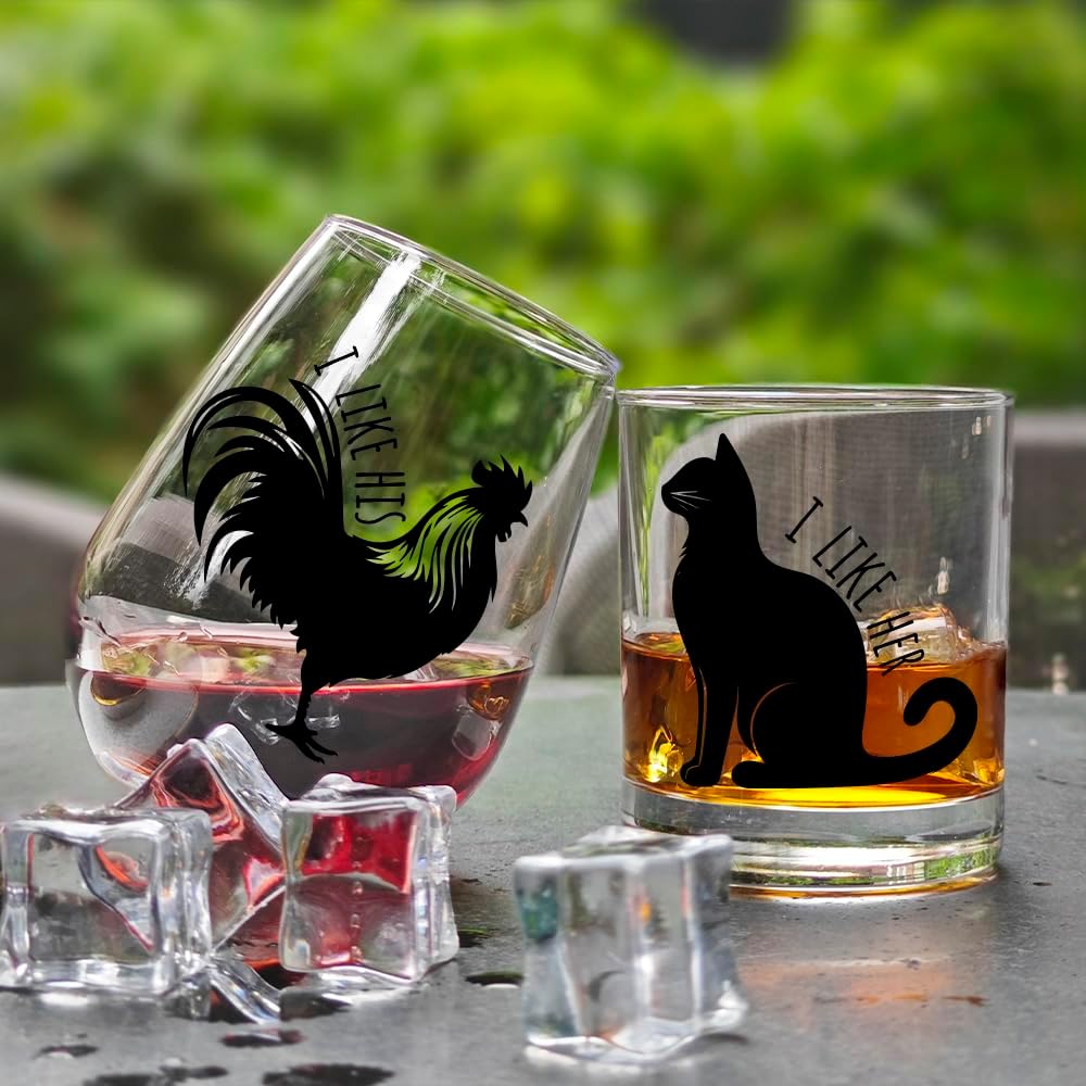 Wedding Wine Glass Gift Set for Wife Husband, I Like Her I Like His Wine Glass15oz, Mr and Mrs Wine Glass,Funny Chicken Cat Glass for Boyfriend Girlfriend