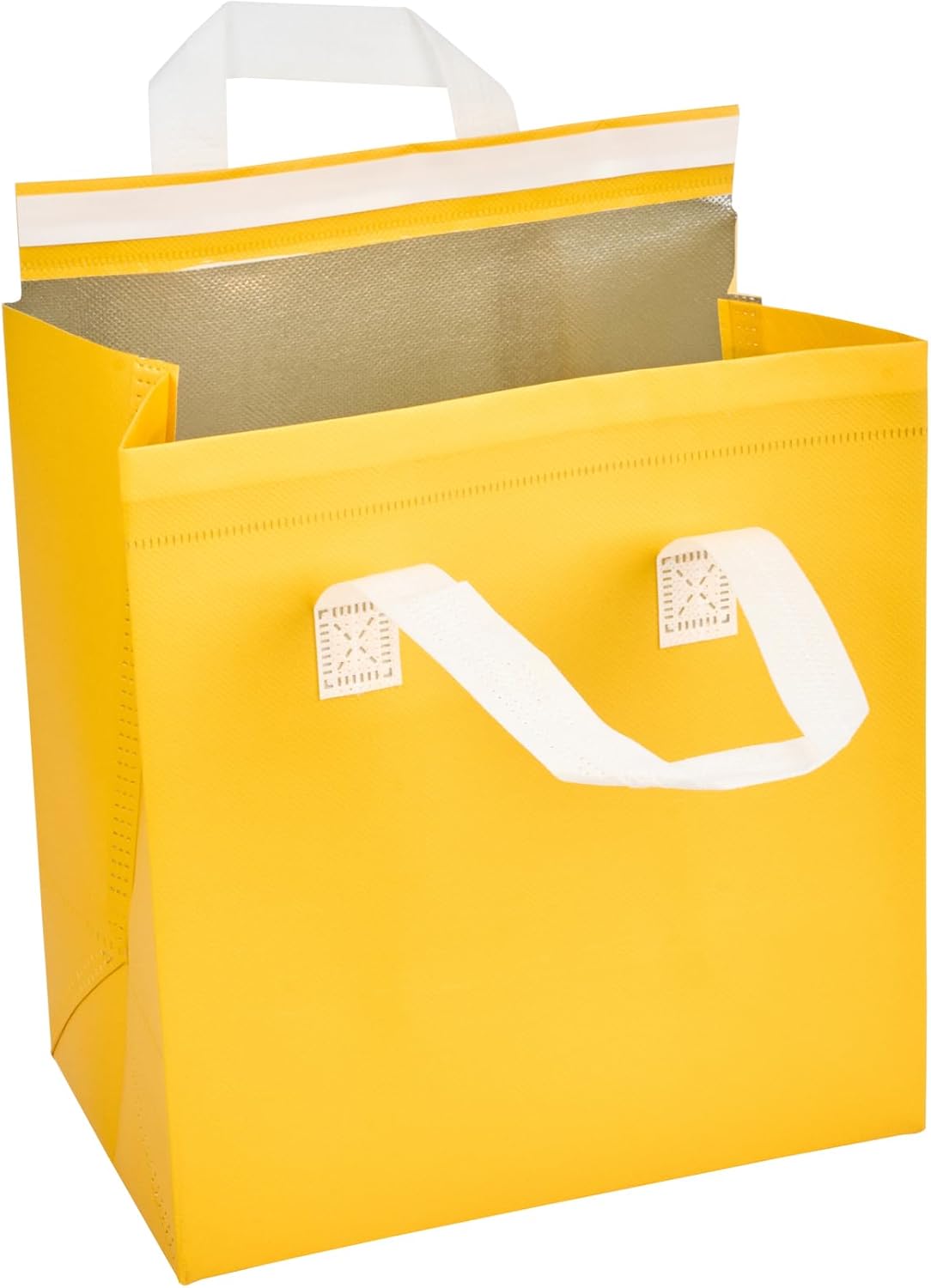 Restaurantware Insulated Delivery Bags 100 Count 9.449 x 5.906 x 10.236 Inches Nonwoven Take Out Bags For Food With Sturdy Handles, Yellow Insulated Grocery Bags Tamper-Evident Foldable