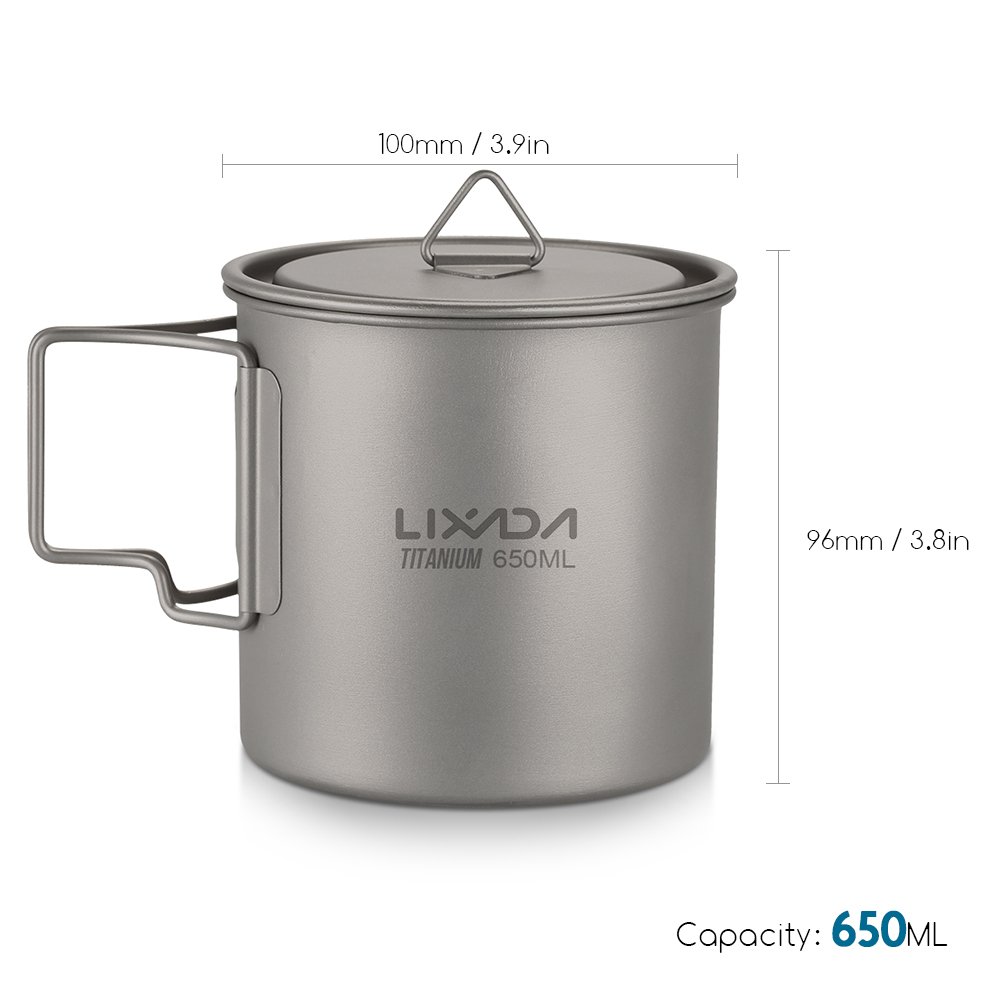 Lixada Pot de camping portable en titane Avec poignée pliante 300 ml, 350 ml, 420 ml, 550 ml, 650 ml, 750 ml, 900 ml, 1600 ml, 1 style1 650 ml
