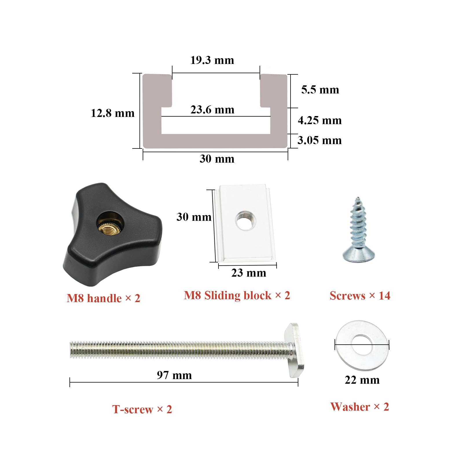 Iverntech Juego de 2 rieles de ranura en T de aluminio de 600 mm plateados con deslizador M8, tornillos M8 con tornillos de pomo, tornillos autorroscantes para plantillas de carpintería
