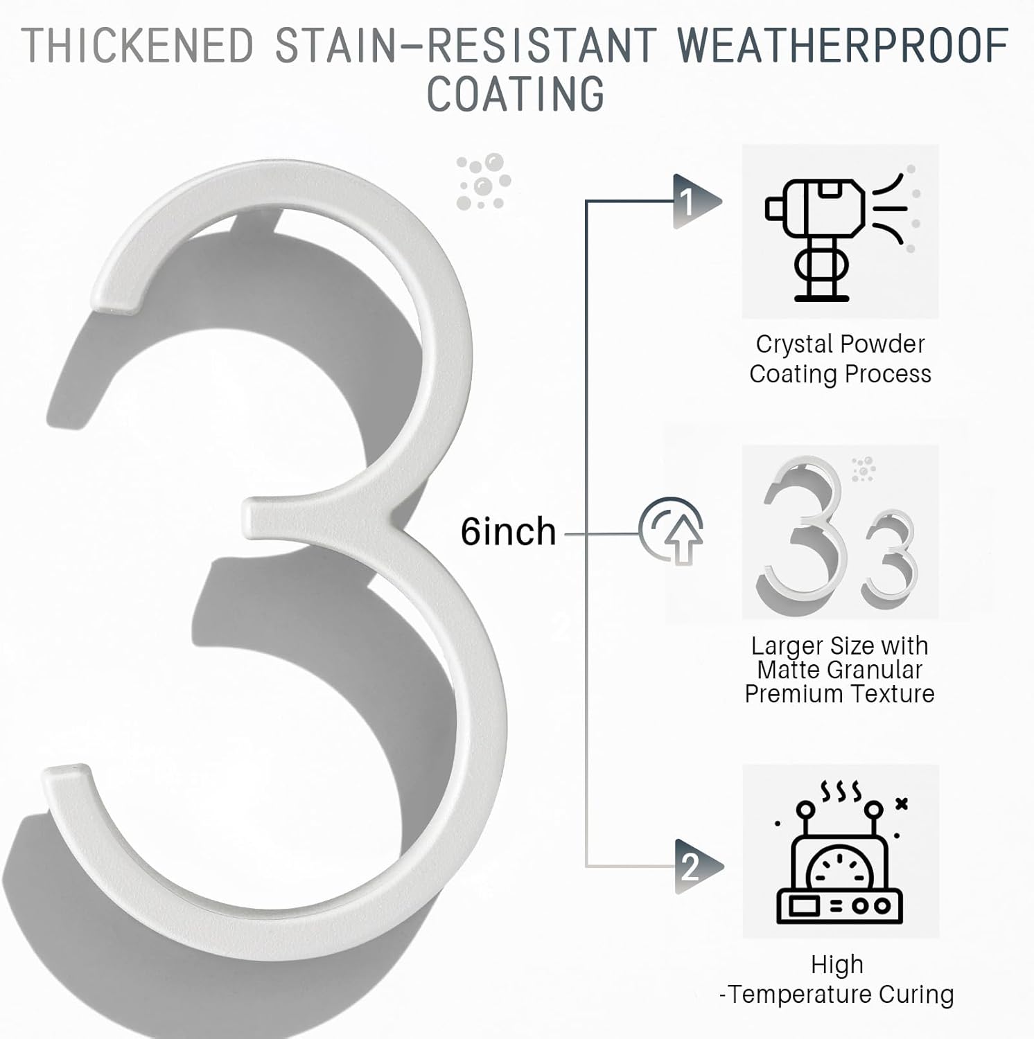 VONDERSO 6 Inch Floating House Numbers for Outside, Modern White Metal Address Number 3, Stain-Resistant and Weather-Resistant White Crystal Powder-Coated Finish, No Fading