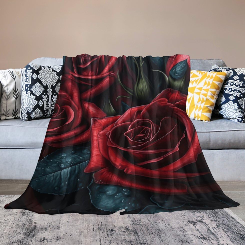 Couverture micro polaire fleurs rouges plaid flanelle lit et canapé toutes saisons