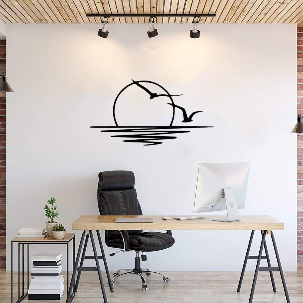 JILIP Seagulls Sunset Metal Wall Art, Black Wall Decor Sculpture Sign, Minimalist Sunrise Line wall decor Art, Modern Beach Decor for Indoor and Outdoor Spaces(15.8IN/40cm)