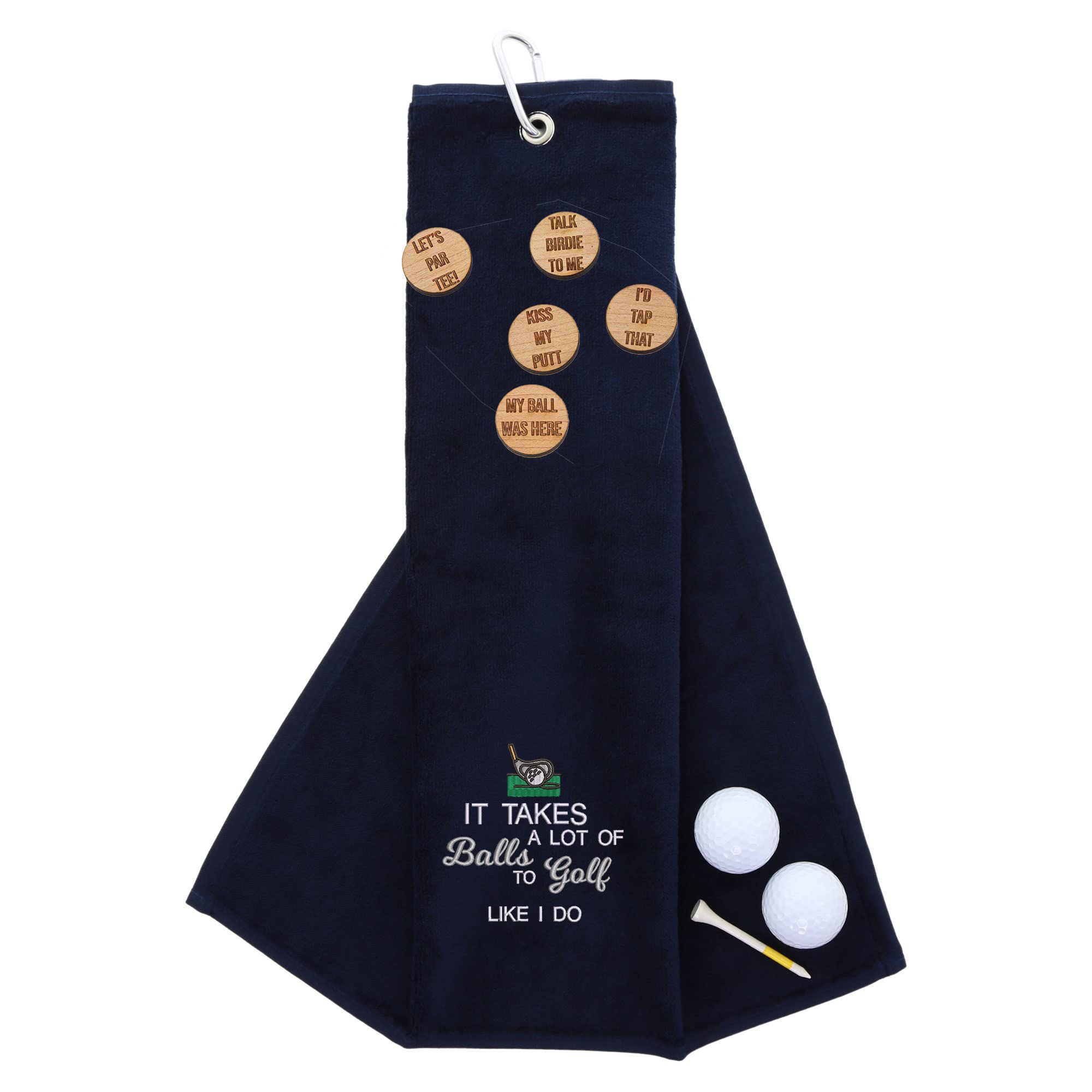 aztex Funny Trifold Golf Towel and Comedy Wooden Ball Marker Set Gift for Men, Carabiner Clip for Golf Bags, A Lot of Balls, Navy