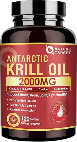 NATURE TARGET Aceite de krill de 2000 mg con omega-3 EPA y DHA con suplemento de astaxantina, colina, apoya el corazón, el cerebro, la unión, la
