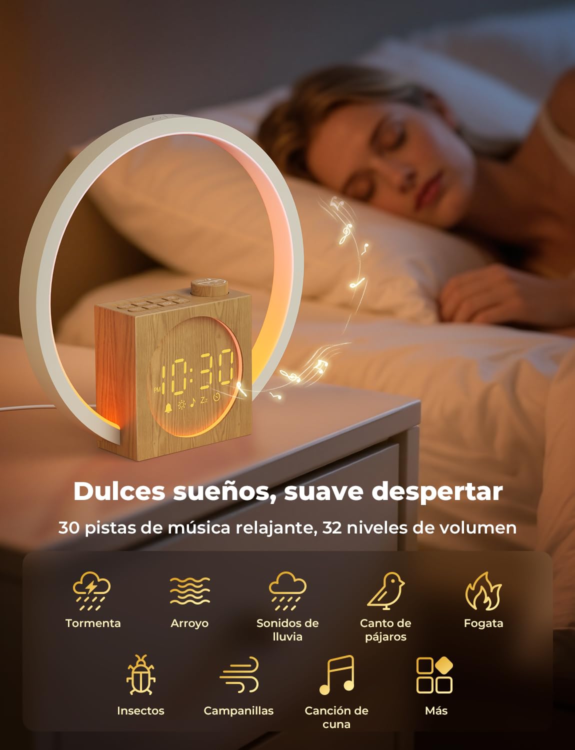 LIORQUE Despertador Amanecer, Despertador Luz Natural Simulación de Amanecer, 12 Modos de Luz, 30 Sonidos Relajantes, Modo de Ayuda para Dormir, Función Alarma y Snooze