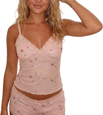 Women Y2k Lace Trim Floral Cami Crop Top Sexy V Neck Sheer Mesh Slim Fitted Tanks Going Out Tops Coquette Streetwear