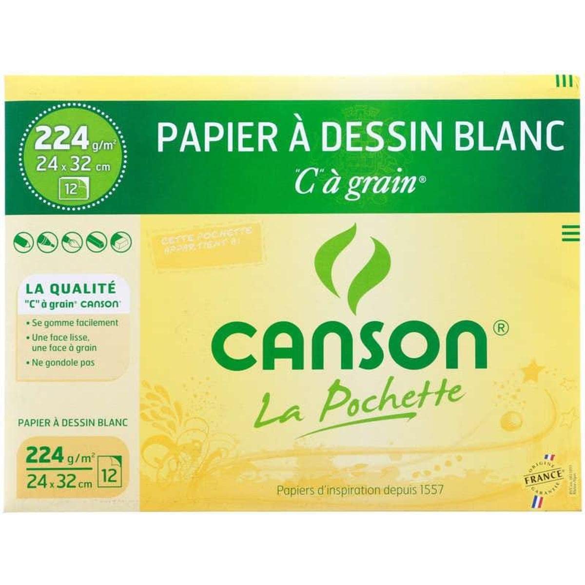 Pochette CansonPapier àDessin Blanc "​C" àGrain 24X32Cm 12 Feuilles 224g/​m²