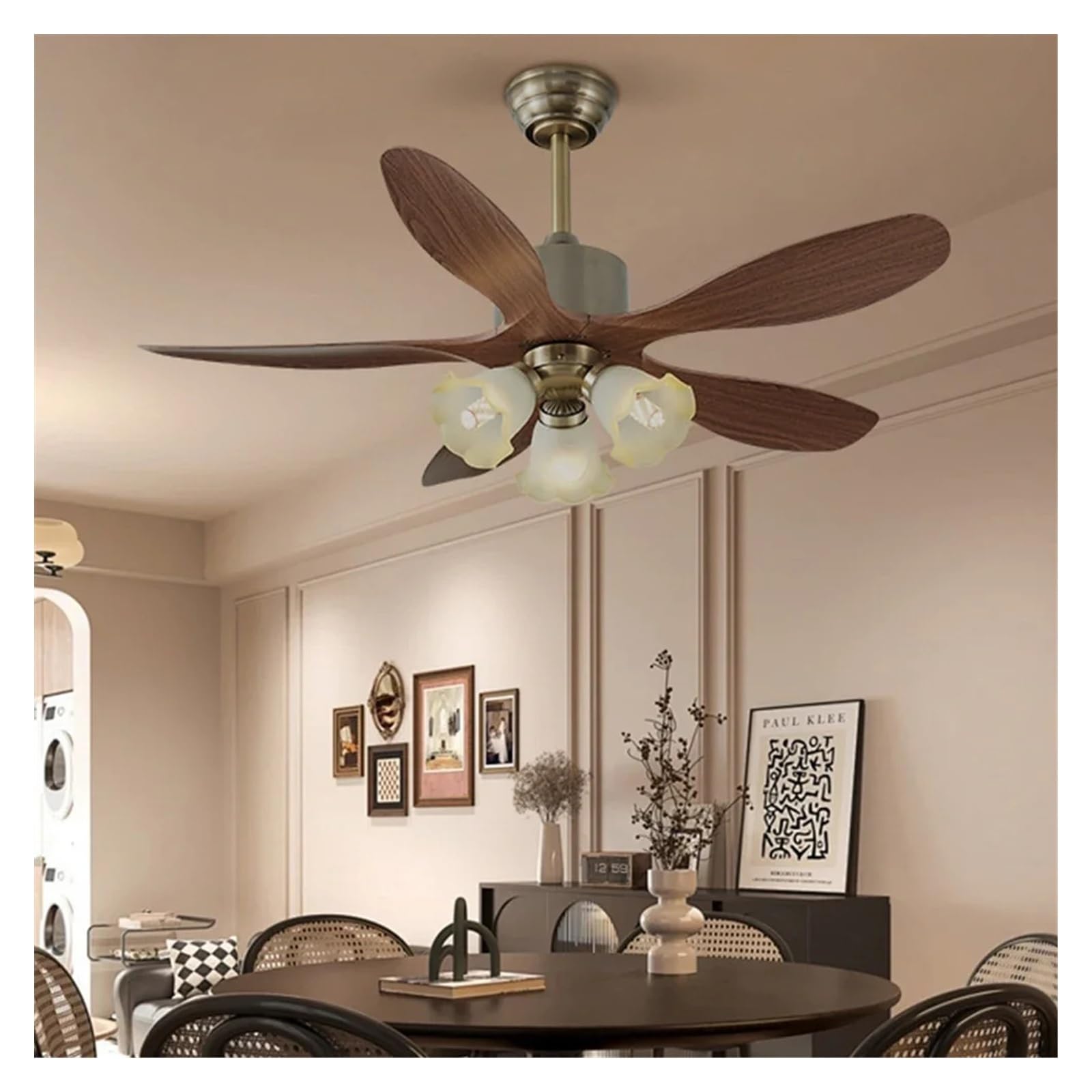Générique Lustre, Rétro ventilateur lumière 42 pouces 5 feuilles télécommande verre suspension lampe salon salle à manger hôtel silencieux luminaire