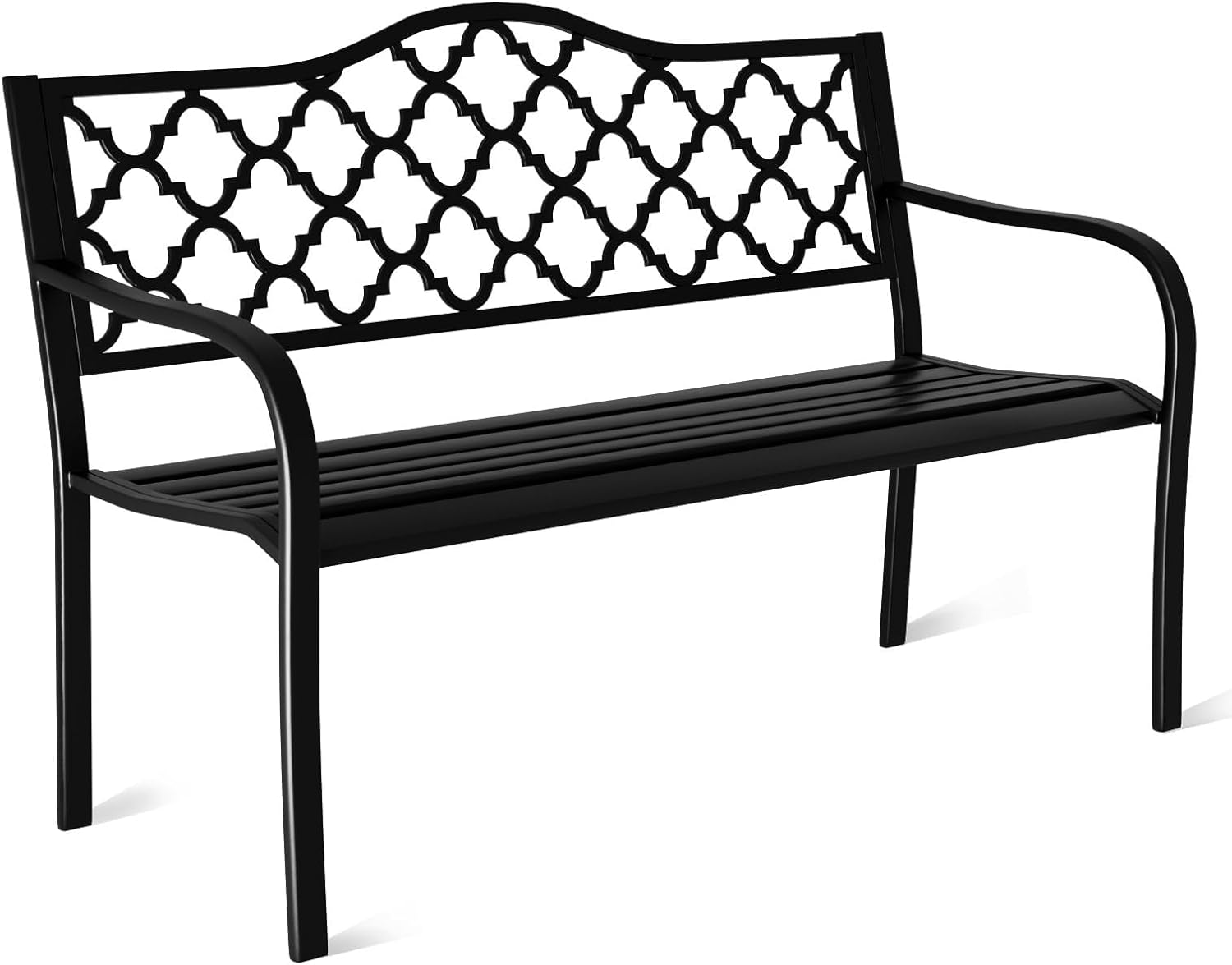 Metal Outdoor Bench, Weatherproof Garden Bench with Diamond Pattern Backrest and Armrests, for Patio, Porch, Park, Lawn