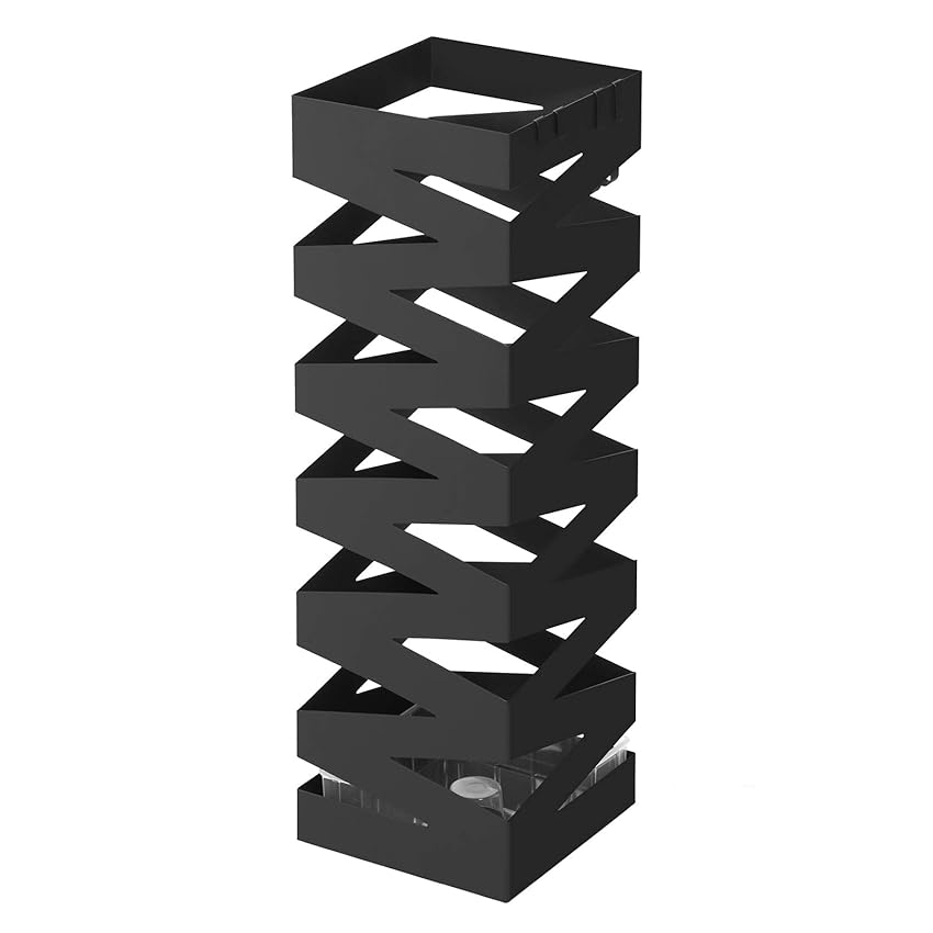 SONGMICS Porta Ombrelli in Metallo, Contenitore per Ombrelli Quadrato con 4 Gancetti e Vaschetta Scolapioggia Rimovibile, 15,5 x 15,5 x 49 cm, Nero LUC16B