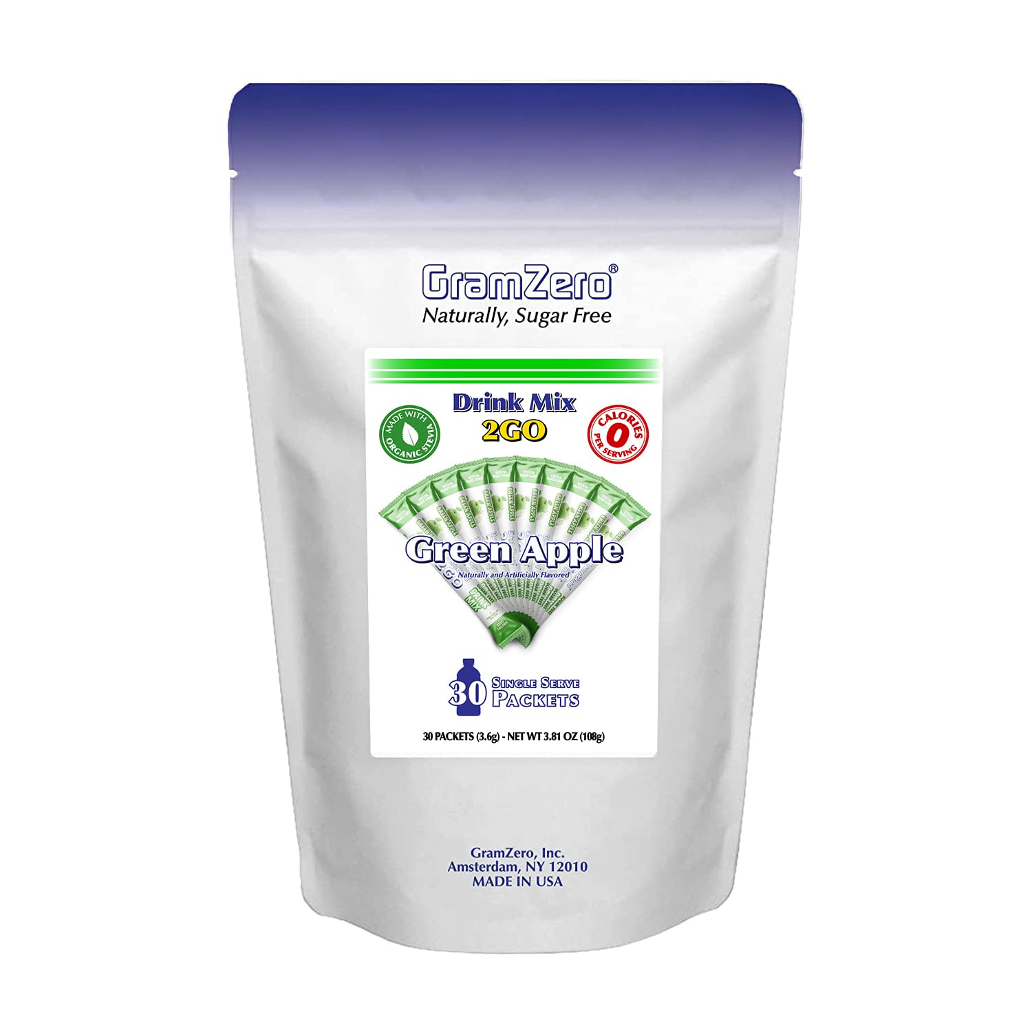GramZero 2GO Sticks - Green Apple, Zero Calorie Sugar Free Drink Mix, Stevia Sweetened, Great For Nutrition Club Loaded Tea To Go Kits