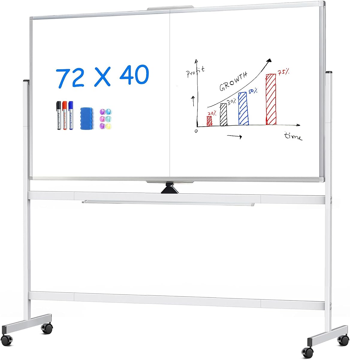Maxtek Rolling Whiteboard 72 x 40 in, Large Double-Sided Magnetic Standing | Mobile White Board on Wheels Dry Erase Board, Portable Giant Writing Surface for Office, School, Home Office, and Homeschool