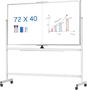Large Rolling Whiteboard, 72" x 40" Double Sided Magnetic Mobile White Board on Wheels, Movable Dry Erase Board with Stand Aluminum Frame for Office, Classroom, Back to School Supplies