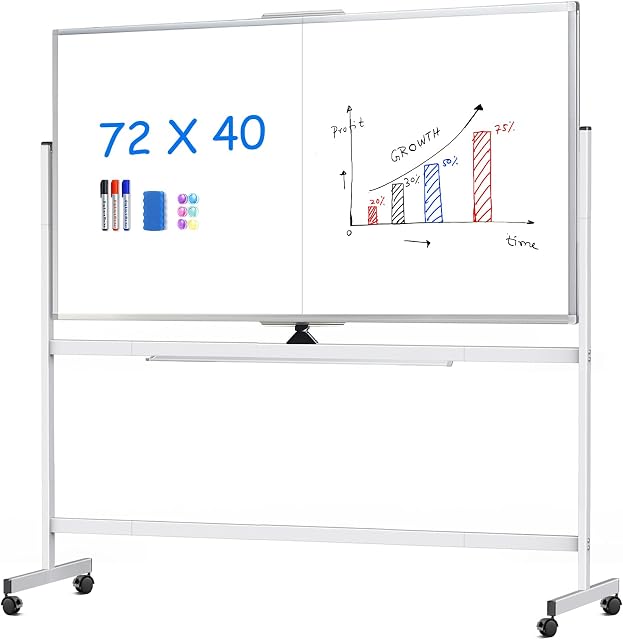 Large Rolling Whiteboard, 72" x 40" Double Sided Magnetic Mobile White Board on Wheels, Movable Dry Erase Board with Stand Aluminum Frame for Office, Classroom, Back to School Supplies