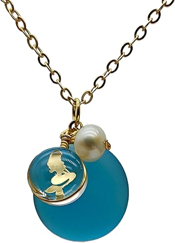 Blue Oval Sea Glass Mermaid Nature Freshwater Pearl December Birthstone Pendant Gold Plated Necklace for Women Handmade