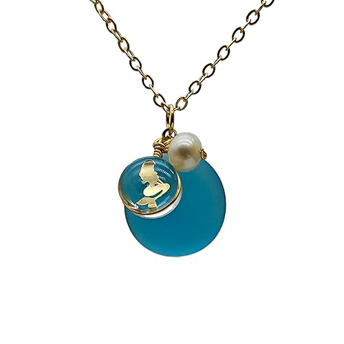 Sea Glass Oval Pendant Necklace on 26 Inch 18K Gold Plated Chain (Blue)