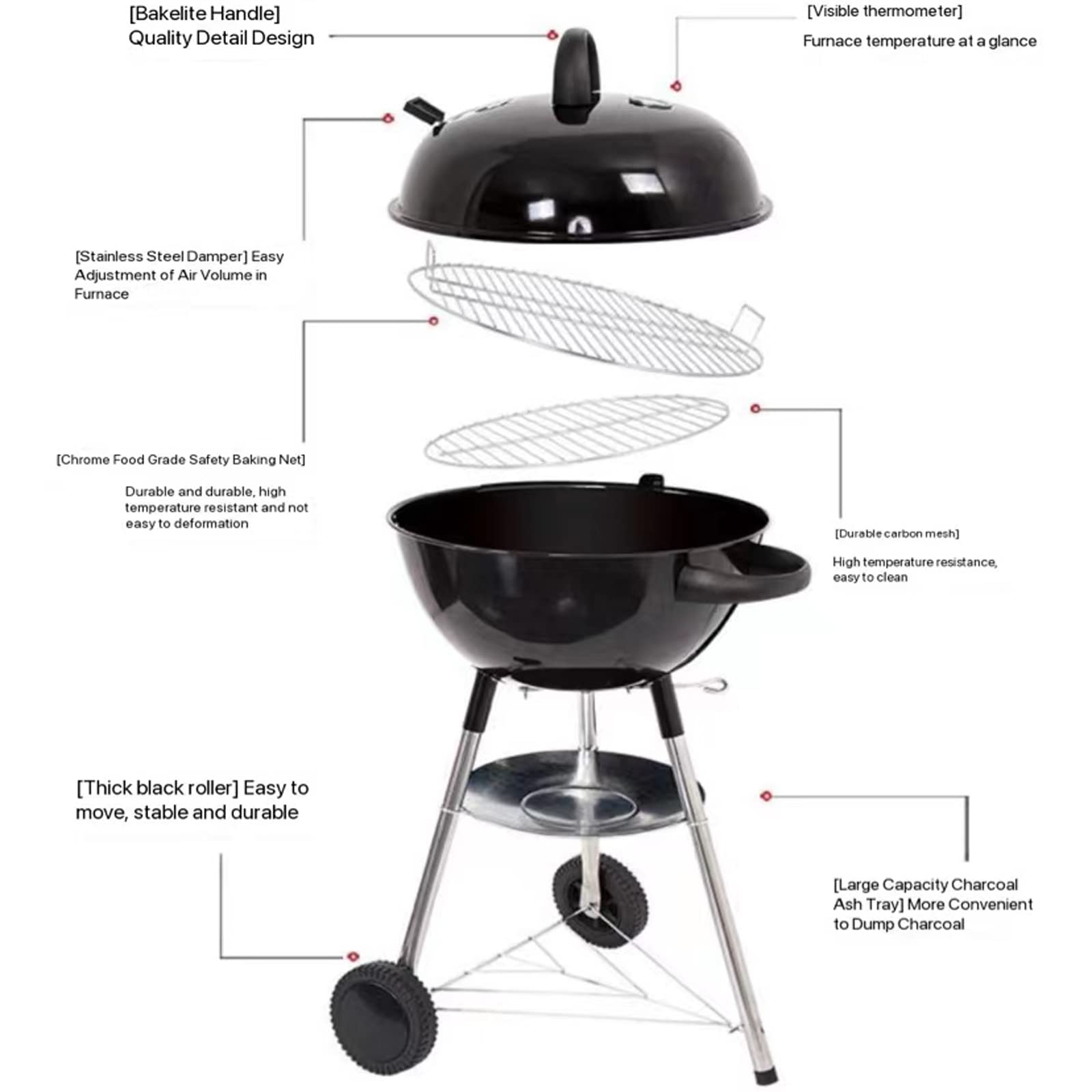 Grill węglowy, grill do grillowania, 2-warstwowe siatki Przenośny okrągły grill premium, kontrola temperatury, dwa koła na piknik przy grillu na świeżym powietrzu