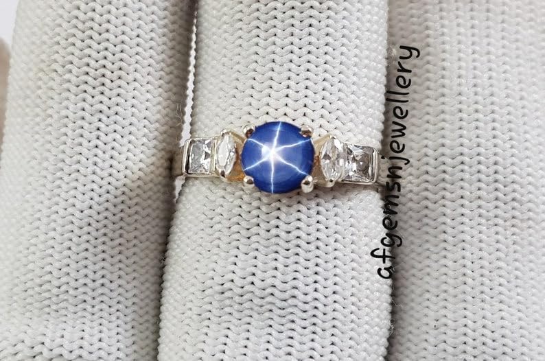 Round Natural Blue Star Sapphire Ring for Women, 925 Sterling Silver Wedding Promise Band, Handmade Boho Statement Jewelry, Anniversary, Engagement Ring