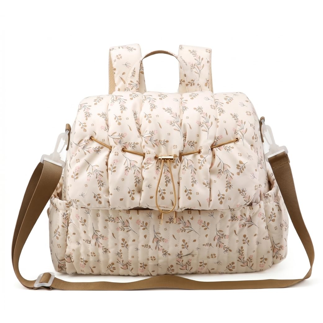Bolsa de pañales floral, mochila de pañales floral, bolsa multibolsillo para mamás, elegante mochila de viaje y al aire libre (beige)