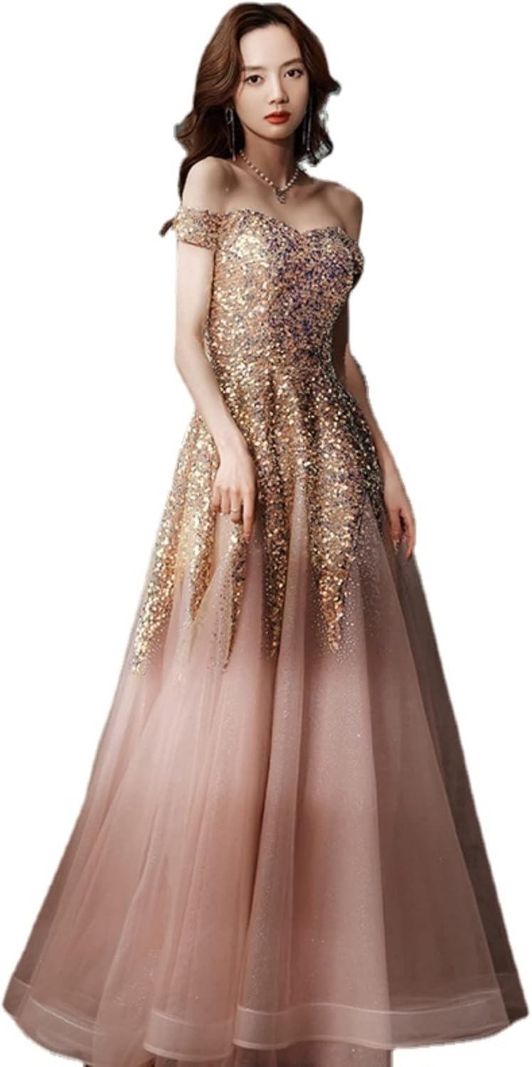[TRVELBETT] キラキラ ロングドレス ドレス オフショルダー 大人 ピアノ 発表会 パーティードレス スパンコール ワンシ