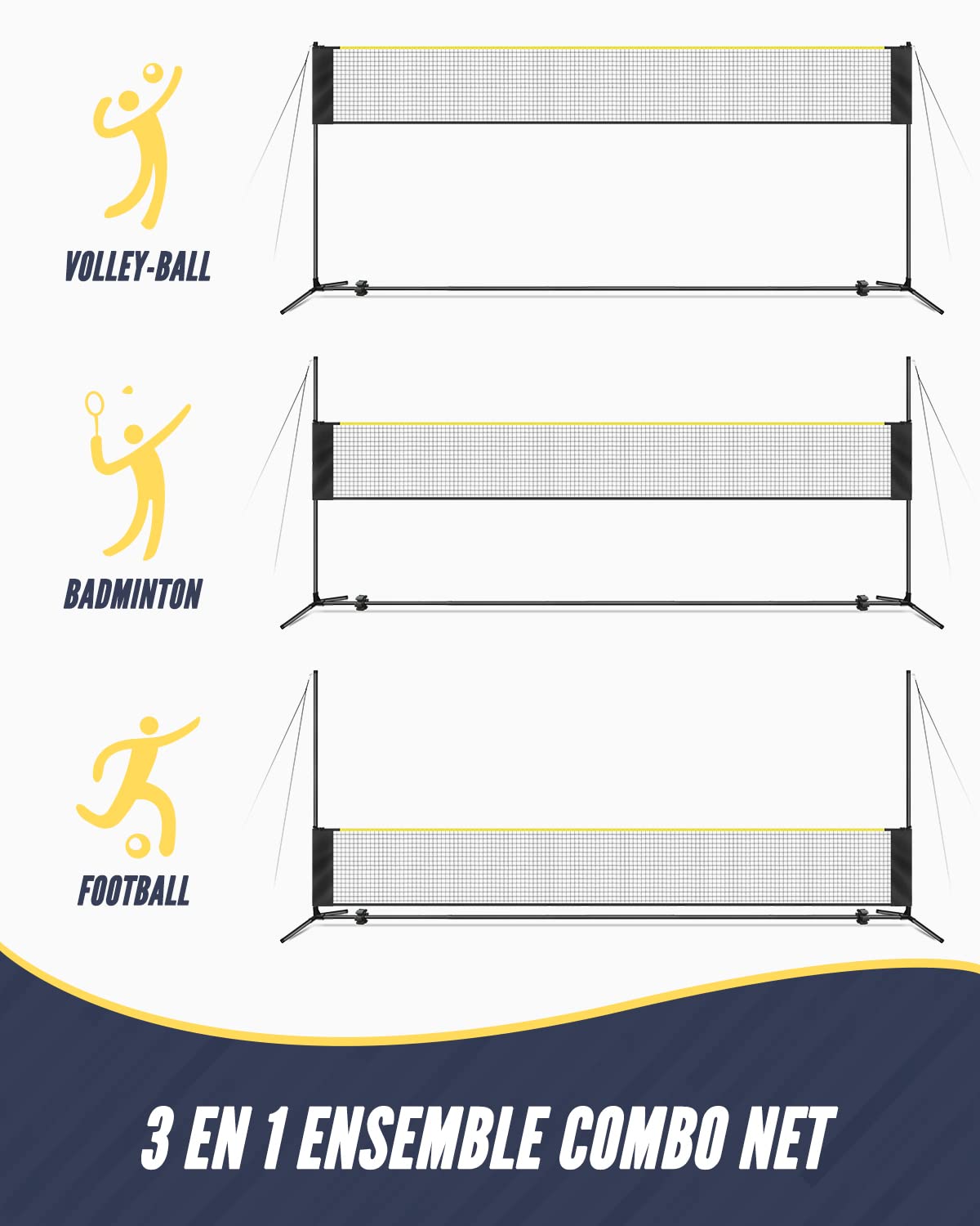 Filet de Badminton et Volleyball de 5.18M- Filet de Sport réglable en Hauteur extérieur avec poteaux, 4 Raquettes de Badminton, 3 Volants et 1 Volley-Ball pour arrière-Cour, Plage, Jardin