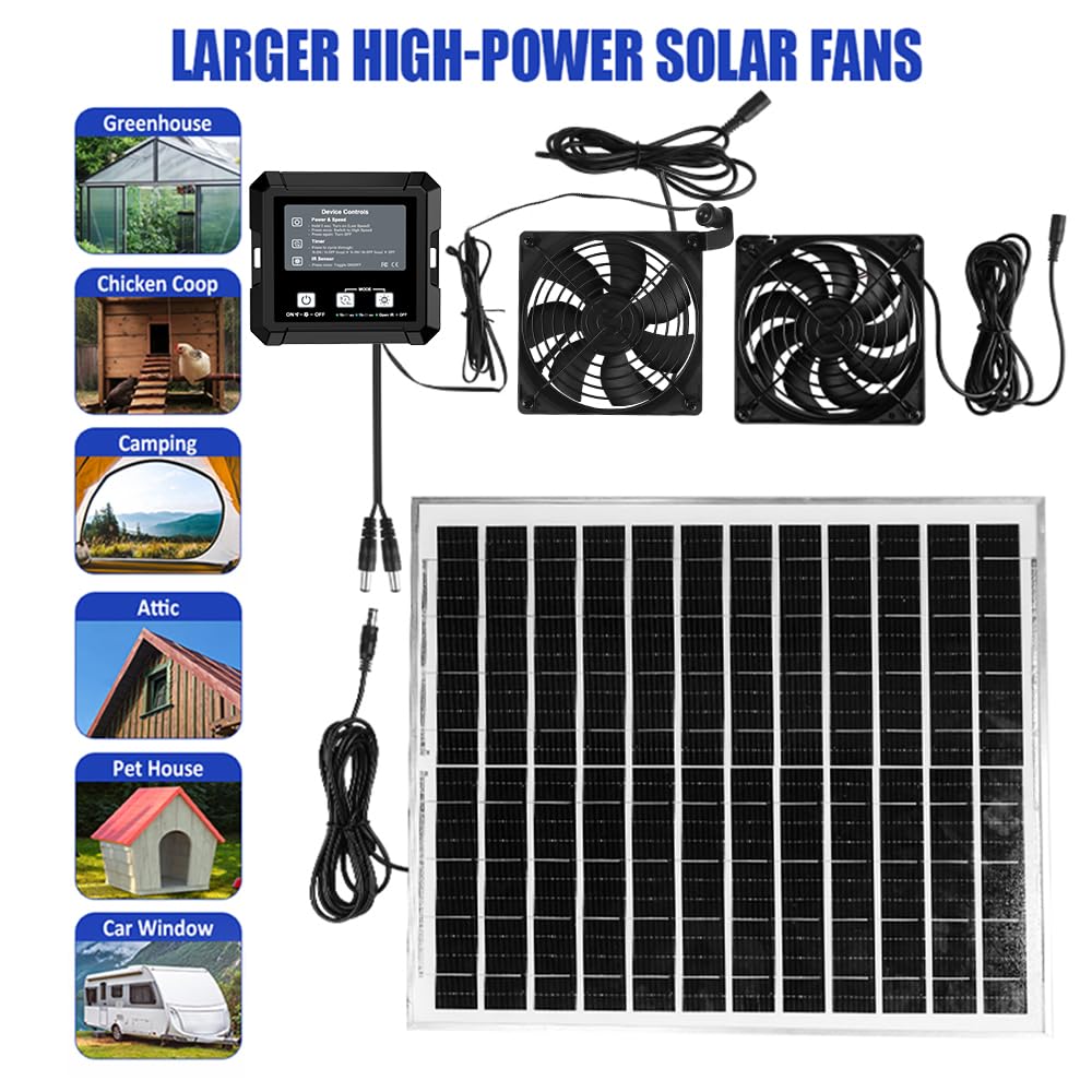 Ventilatore solare per pollaio con batteria, kit doppio ventilatore di scarico solare, 3 modalità intelligenti controller (continuo/timer/sensore di movimento), ventola di ventilazione ad