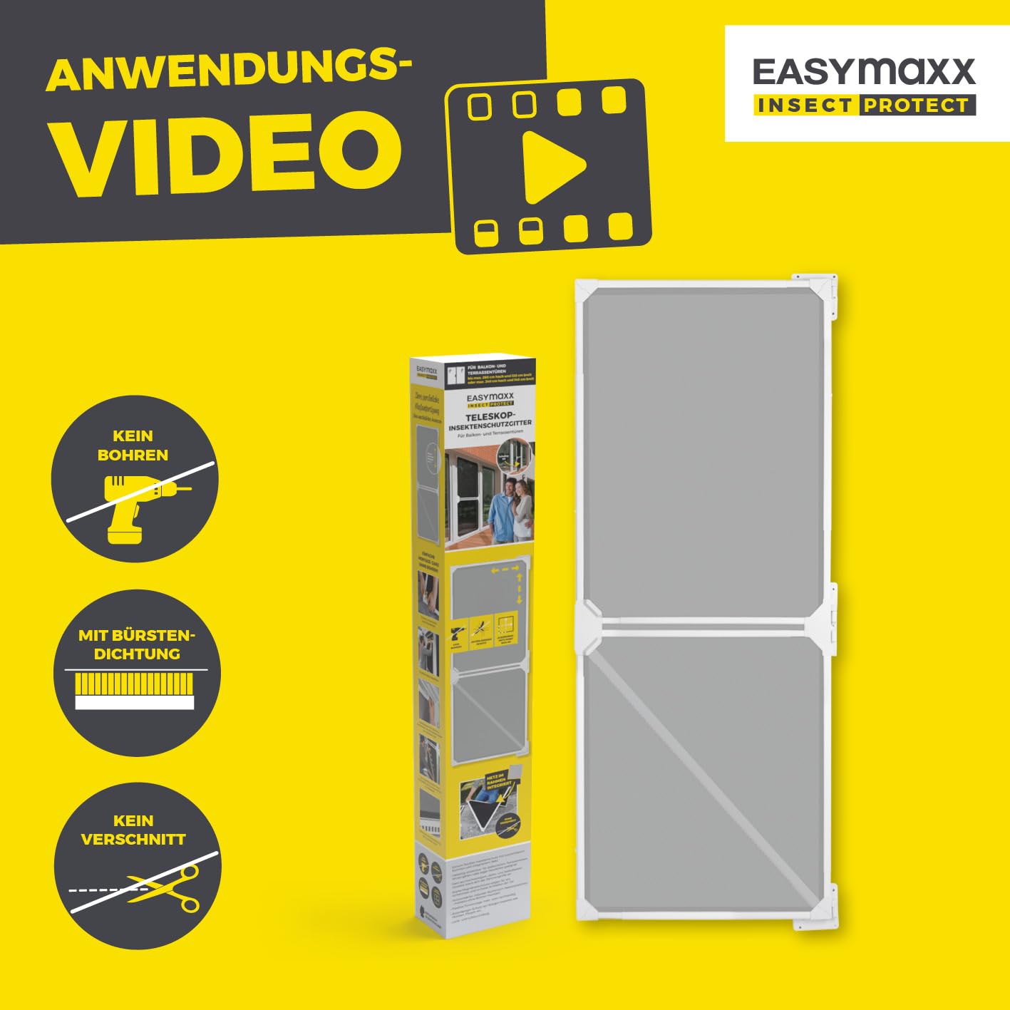 EASYmaxx Insect Protect Fliegengitter Balkontür | Teleskop Fliegengitter Tür mit integriertem Netz | Insektenschutz Balkontür ohne Zuschneiden | Ohne Bohren | max. ca. 122 x 285 cm