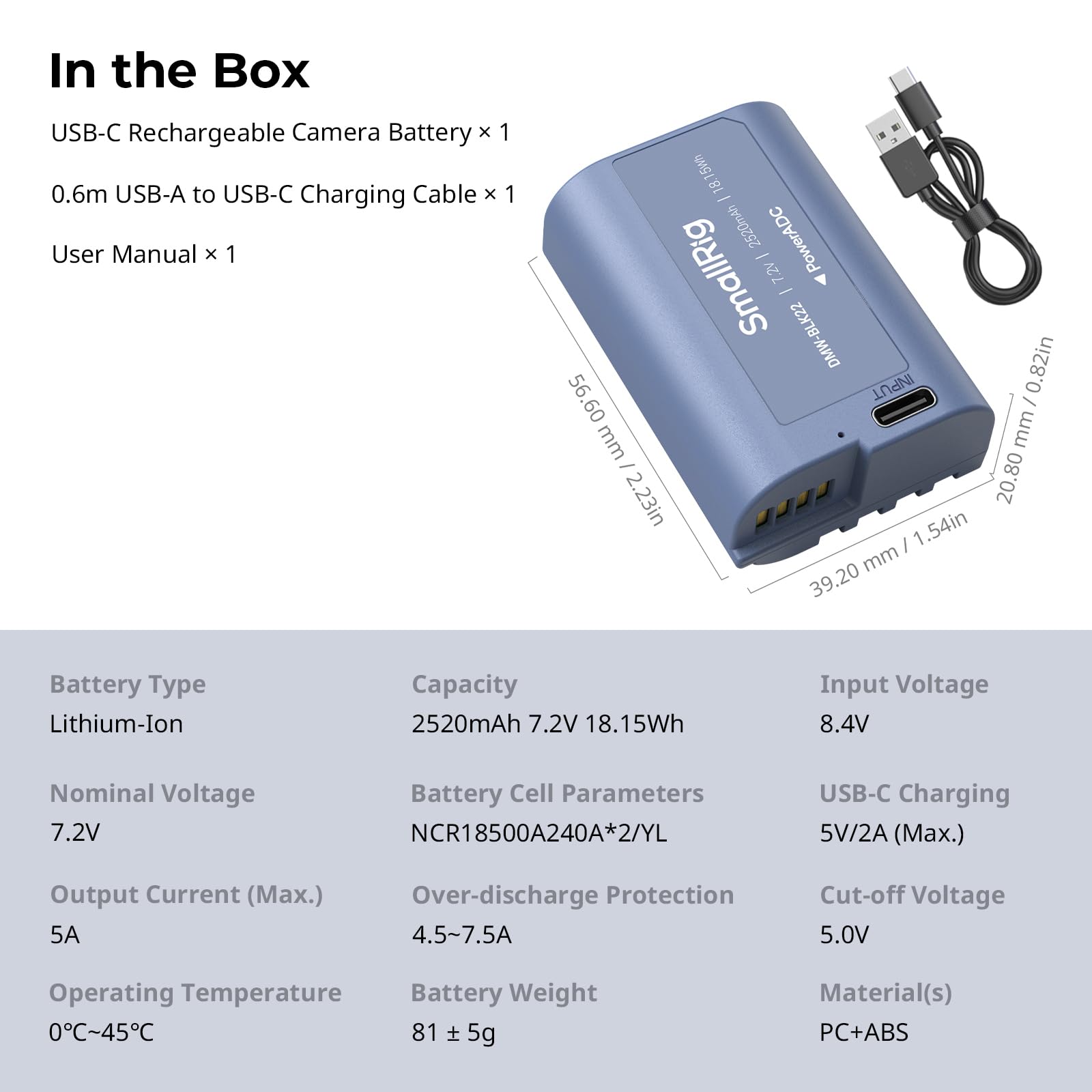 SMALLRIG Camera Battery Akku für DMW-BLK22 2520mAh USB-C Ersatzakku für Panasonic LUMIX GH5, S5, 2,5H voll aufgeladener Akku für Panasonic LUMIX GH5 II, S5 II, GH7, GH6, S9, S9 II, S5 IIX – 4906