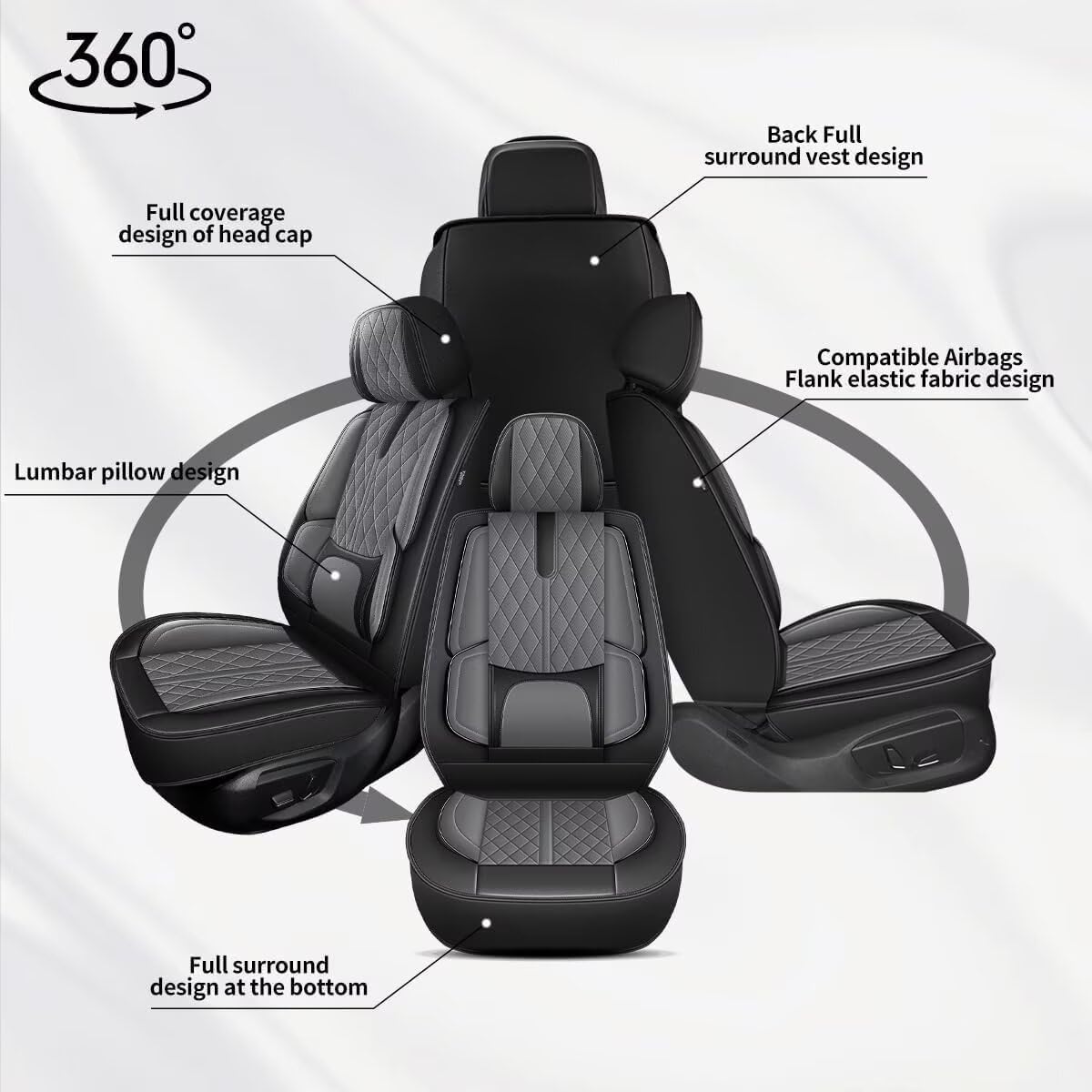 YORKNEIC Seat Covers Fit for Hyundai Veracruz 2007-2012: Waterproof Breathable Leather Car Seat Covers Cushion with Lumbar Support and Side Wings(5 Seats, Black&Grey)