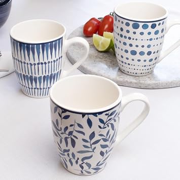 Darthome Set of 6 Mediterranean Mugs 330ml Blue and White Patterned Ceramic Coffee Cups